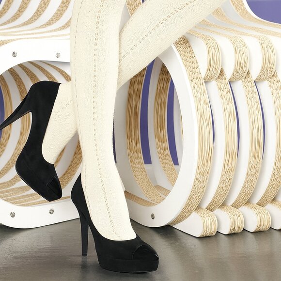 Italy Panna (cream) High-Knee Knit Socks – Cozy Lacy Pattern S M L - Picture 2 of 3